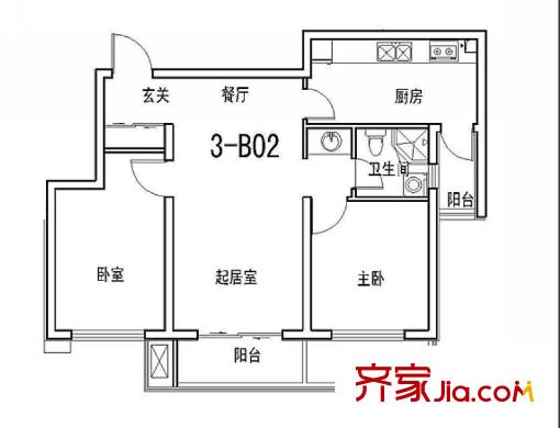 惜緣花城3-B02戶型圖 2室2廳2衛(wèi)1廚