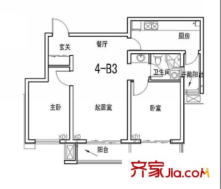 惜緣花城4-B3戶型圖 2室2廳1衛(wèi)1廚