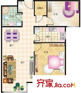 宸陽島小區(qū)戶型圖1#樓T2戶型 2室2廳1衛(wèi)1廚
