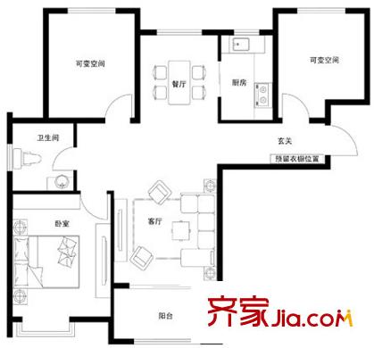 中房?馨園C4戶型圖 3室2廳1衛(wèi)1廚