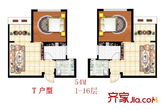 海鵬春天永祥苑T戶型 54平方米一居 1室1廳1衛(wèi)1廚