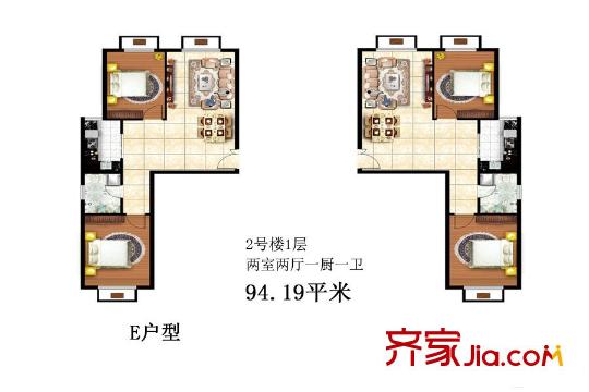 海鵬春天永祥苑E戶型 94.2平方米兩居 2室2廳1衛(wèi)1廚