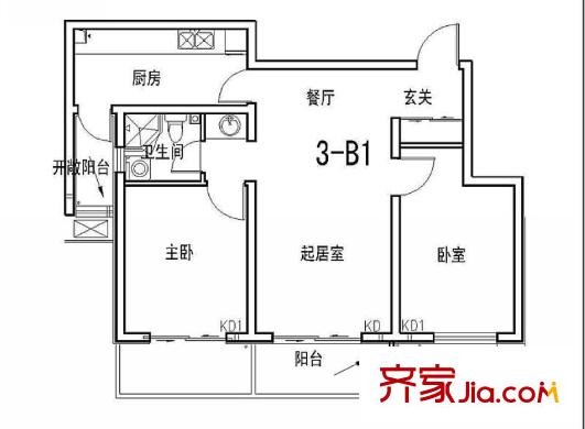 惜緣花城3-B1戶型圖 2室2廳1衛(wèi)1廚