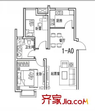 惜緣花城1-A0戶型圖 2室2廳1衛(wèi)1廚