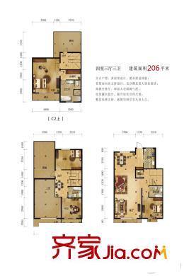 藍(lán)山郡別墅上疊C2戶型 206平方米四居 4室3廳3衛(wèi)1廚