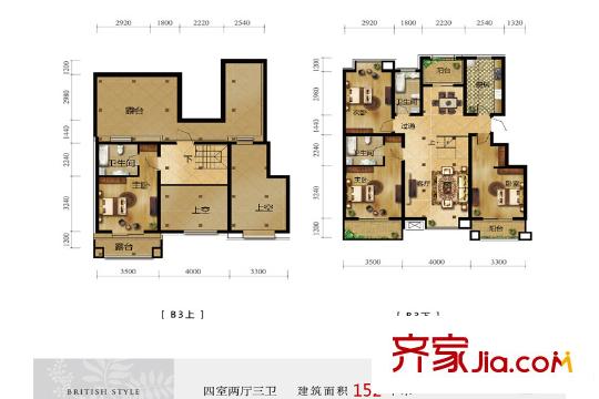 藍(lán)山郡洋房頂層B3戶型 152平方米四居 4室2廳3衛(wèi)1廚
