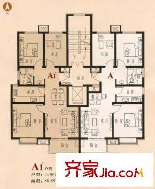 昶友新天地小區(qū)戶型圖A反、A1反戶型 3室2廳1衛(wèi)1廚