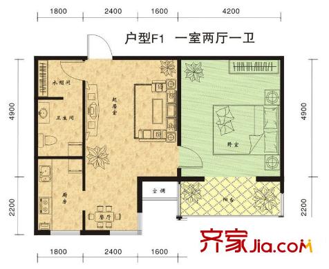 盛世家園6#樓F1戶型圖  1室2廳1衛(wèi)1廚
