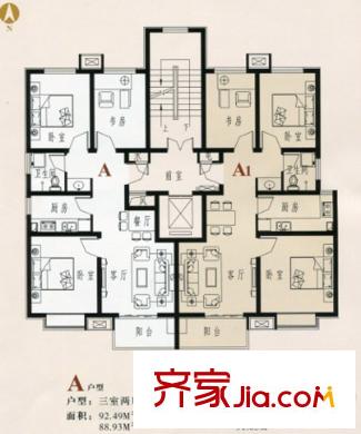 昶友新天地小區(qū)戶型圖A、A1戶型 3室2廳1衛(wèi)1廚