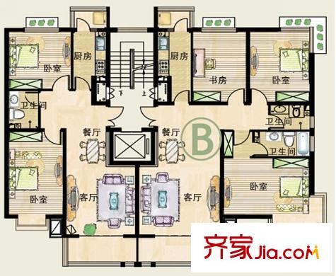 玉錦乾坤戶型圖43#樓、46#樓、48#樓 B 3室1廳2衛(wèi)1廚