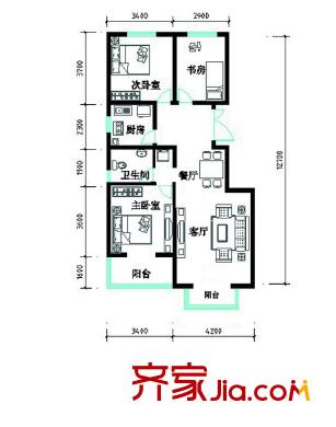 名人國際花園4#樓戶型圖 3室2廳1衛(wèi)1廚