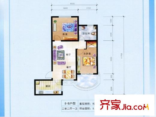 僑治花園8#樓B戶型 2室2廳1衛(wèi)1廚