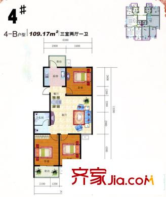 僑治花園4#樓B戶(hù)型圖 3室2廳1衛(wèi)1廚