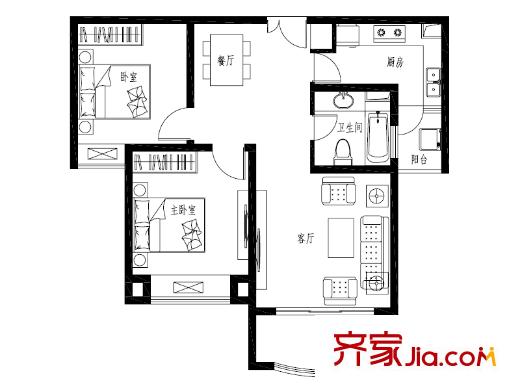 紫御城B戶型圖 2室1廳1衛(wèi)1廚