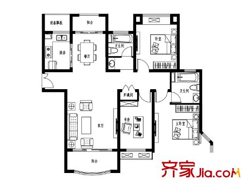 紫御城A戶型圖 3室1廳2衛(wèi)1廚