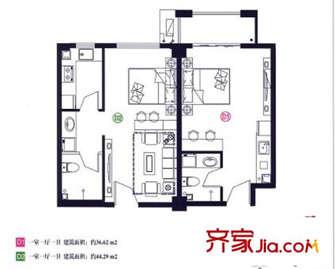 曉廊坊D戶型分布圖 1室1廳1衛(wèi)1廚
