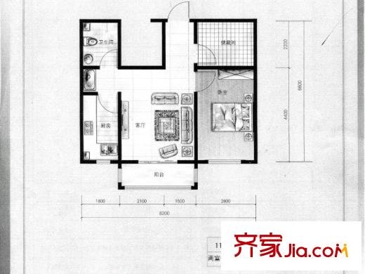 僑治花園11#樓F戶型 2室1廳1衛(wèi)1廚