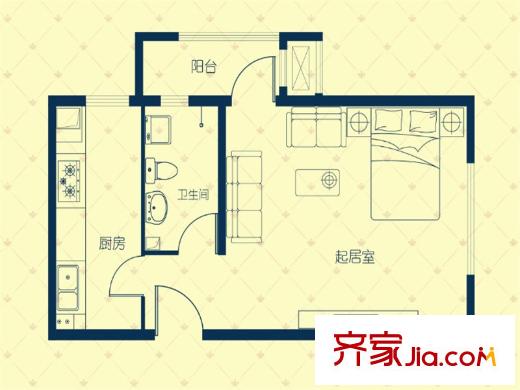 溪語藍(lán)灣3#樓F戶型 57平方米一居 1室1廳1衛(wèi)1廚