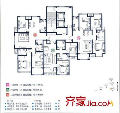 曉廊坊B戶型分布圖 3室2廳1衛(wèi)1廚