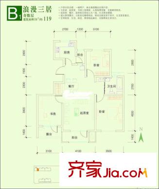 上城雅園戶型圖戶型圖 3室2廳1衛(wèi)1廚