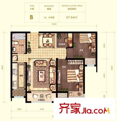 珠光御景B戶型圖  2室2廳1衛(wèi)1廚