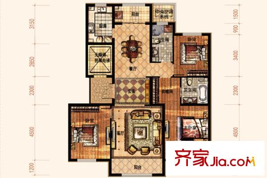 廊坊孔雀城大公館二期15-17#樓138平方米3居 3室2廳2衛(wèi)1廚