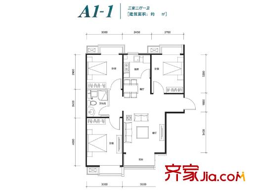 香汐26#27#28#31#32#樓A1-1戶(hù)型 88.5平方米三居 3室2廳1衛(wèi)1廚