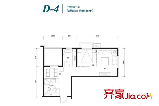 香汐d-4户型 58.58平方米一居 1室1厅1卫1厨