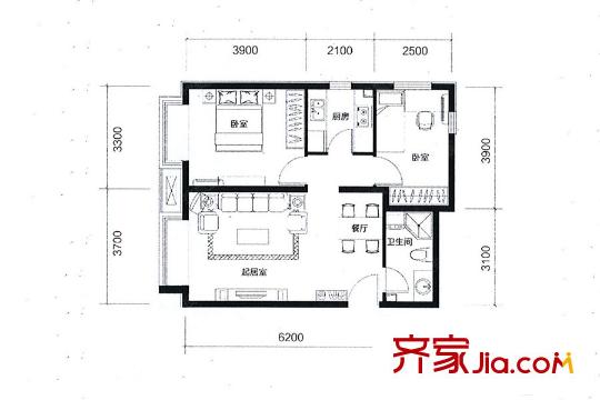 香河京漢君庭23#24#25# A1戶型 74.93平方米兩居 2室1廳1衛(wèi)1廚