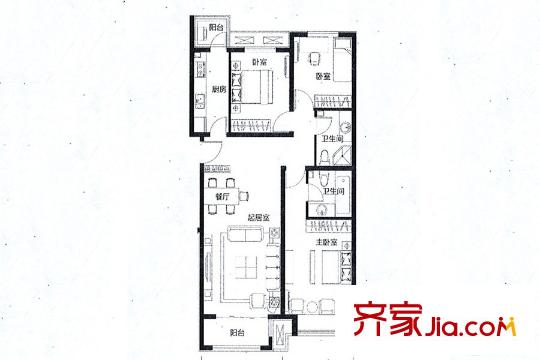 香河京漢君庭23#24#25# A4戶型 127.84平方米三居 3室2廳2衛(wèi)1廚