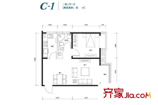 香汐26#27#28#31#32#樓C1戶(hù)型 59.9平方米一居 1室1廳1衛(wèi)1廚