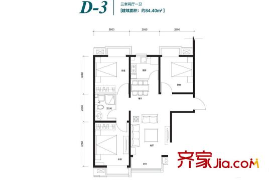 香汐D-3戶(hù)型   84.40平方米兩居 2室2廳1衛(wèi)1廚