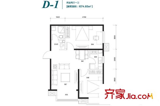 香汐D-1戶(hù)型 74.65平方米兩居 2室2廳1衛(wèi)1廚