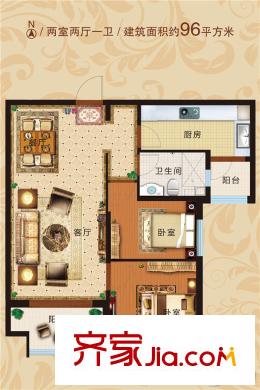 恒大翡翠華庭11#樓96平方米兩居 2室2廳1衛(wèi)1廚