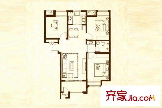 塞納榮府小高層3#A3戶型91平方米3居 3室2廳1衛(wèi)1廚