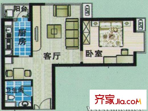 陽光水岸標準層B戶型 1室1廳1衛(wèi)1廚