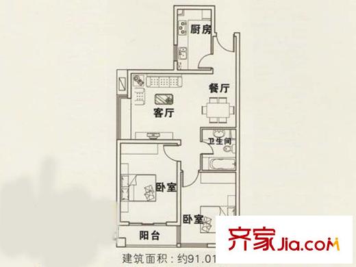 金世紀?花園一期標準層C戶型 2室2廳1衛(wèi)1廚