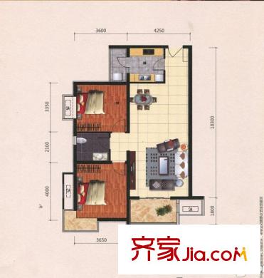 華信山水文苑D2戶型圖 2室2廳1衛(wèi)1廚
