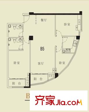 龍旺伯樂佳園一期標準層B5戶型 3室2廳2衛(wèi)1廚