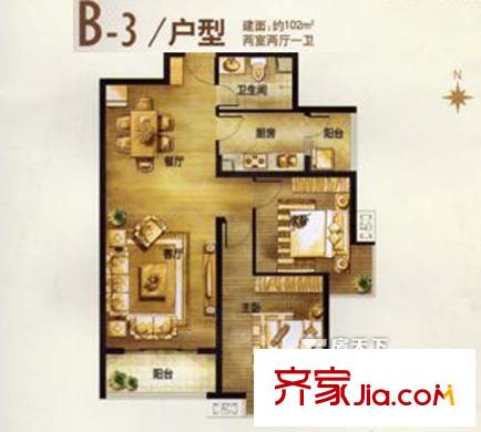 安居東城標準層B-3戶型 2室2廳1衛(wèi)1廚