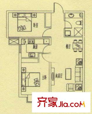 中央公園一期標準層E戶型 2室2廳1衛(wèi)