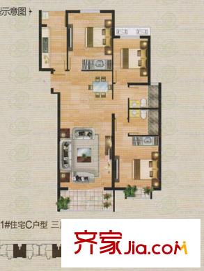 濱江首府1#C戶型 3室2廳1衛(wèi)1廚