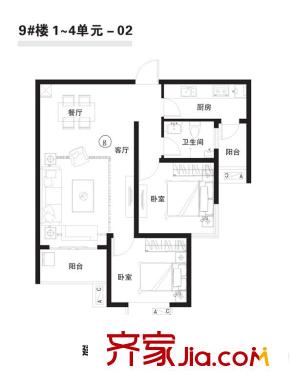濱江首府9#1-4單元02戶型 2室2廳1衛(wèi)1廚