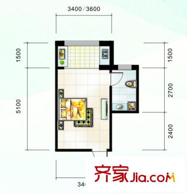嘉寓觀山一期1號(hào)樓高層標(biāo)準(zhǔn)層X(jué)1戶(hù)型圖 1室1廳1衛(wèi)