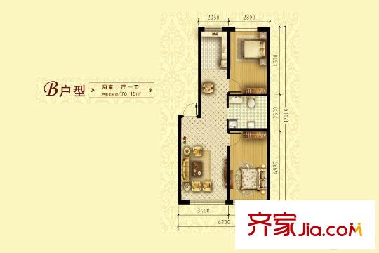 甲乙廣場(chǎng)12號(hào)樓多層標(biāo)準(zhǔn)層B戶(hù)型 2室2廳1衛(wèi)1廚
