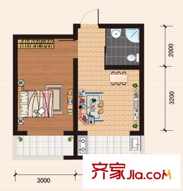 龍山峻景A1戶型45.47平方米 1室1廳1衛(wèi)1廚