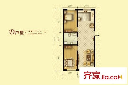 甲乙廣場12號樓多層標準層D戶型 2室2廳1衛(wèi)1廚