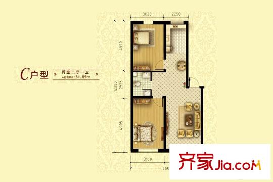 甲乙廣場12號樓多層標準層C戶型 2室2廳1衛(wèi)1廚