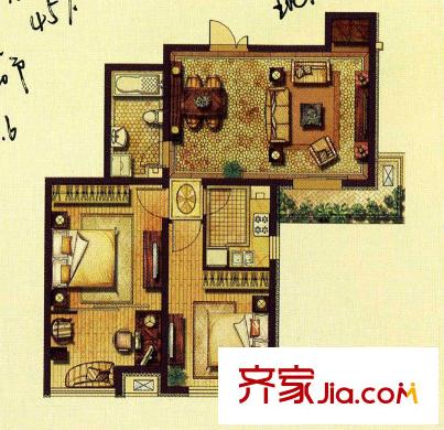 證大山水國際戶型圖 2室2廳1衛(wèi)