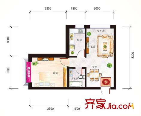 青云尚筑1號樓標(biāo)準(zhǔn)層A-1戶型57.8平方米 1室1廳1衛(wèi)1廚